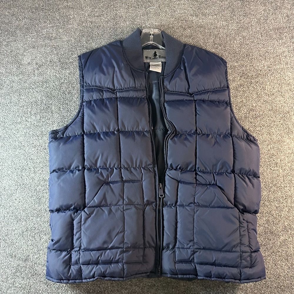 Vintage Wild Rider Puffer Vest Mens Large Blue Quilted Winter Outer Full Zip